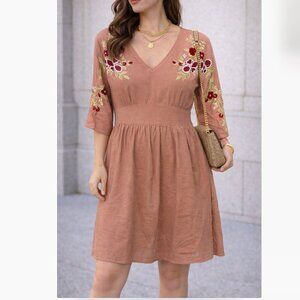 NWT Roolee Embroidered Linen Mini Dress V Neck 3/4 Sleeve Boho Size S